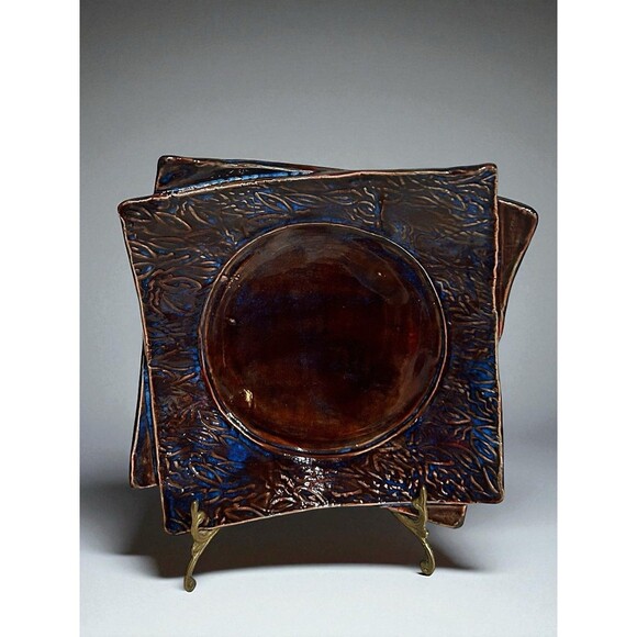DKE Studio Pottery Tray Trinket Serving Dish Plate Brown Blue Glaze Leaf 21 - Picture 1 of 11